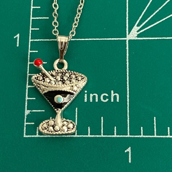 Martini Cocktail Drink Cup Glass Charm Necklace Pendant Black Enamel 18" Chain - Picture 8 of 9